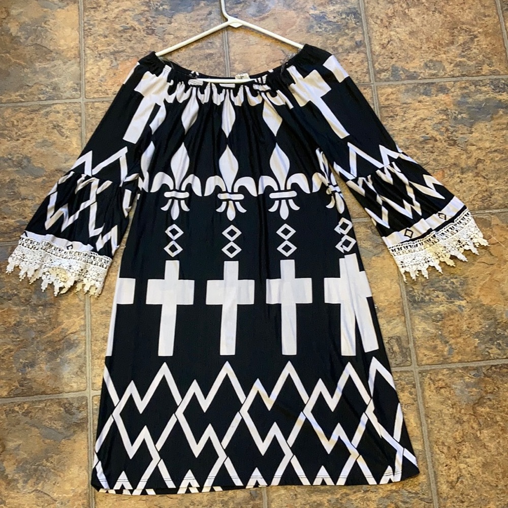 Lilypad black and white dress with crosses and lace trim sleeves
